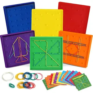 6-Pack 5x5 Inch Double-Sided Geometric Geoboard, Home Supplies STEM Educational Toy for Kids, Mathematical Manipulative Array Block with Rubber Bands & 15pcs Pattern Card, Brain Teaser Puzzle
