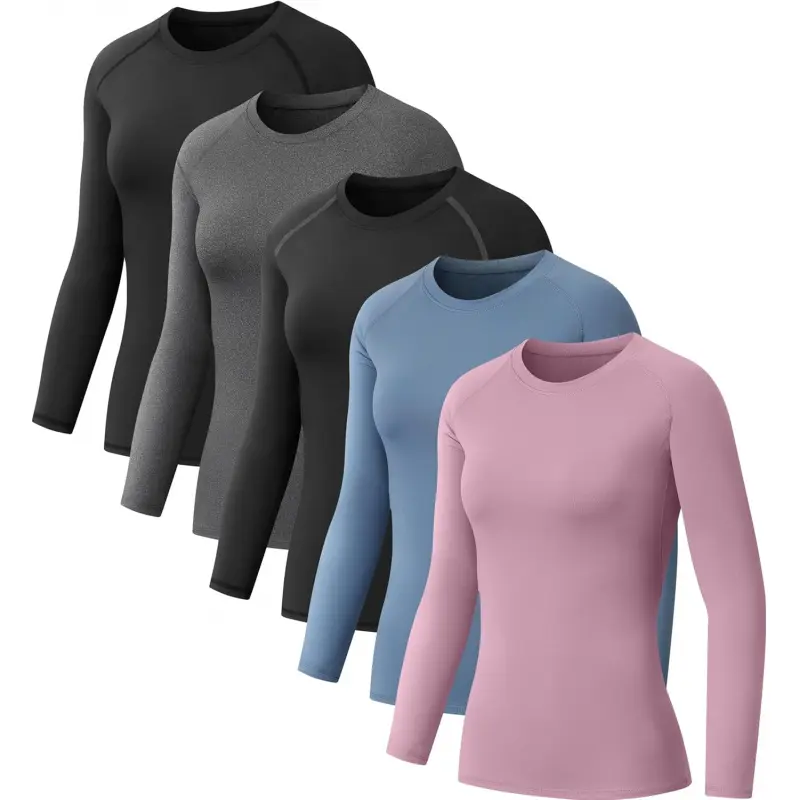 Women's 5-Pack Long Sleeve Compression Shirts - Slim Fit, Quick-Dry, Ergonomically Designed Baselayer with Flatlock Seams, Machine Washable All-Seasons Tops for Yoga, Running