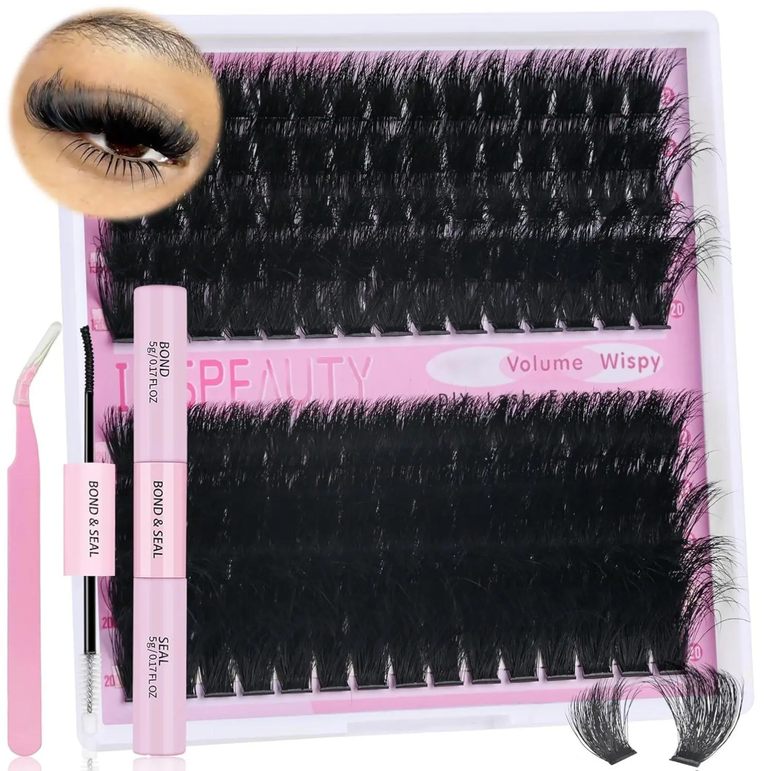 Lash Clusters Kit 150D+200D Thick Lash Clusters Eyelash Extension Kit 12-20mm Individual Lashes Kit with Lash Bond and Seal, Lash Tweezers for DIY Lashes Extension