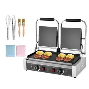 【Summervibes】VEVOR Commercial Panini Grill,  , 3600W Electric Sandwich Panini Maker, Stainless Steel Double Sandwichs Press with Handle and Temp Control, 19x9 in Full Flat Enamel Plate, for Hamburger Steak Bacon