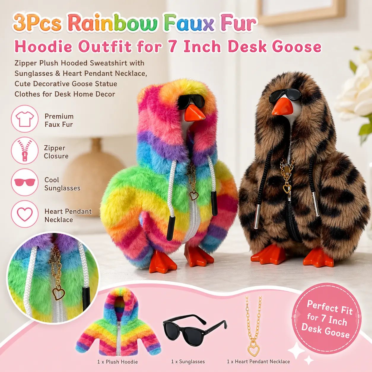 3Pcs Rainbow Faux Fur Hoodie Outfit for 7 Inch Desk Goose, Zipper Plush Hooded Sweatshirt with Sunglasses & Heart Pendant Necklace, Cute Decorative Goose Statue Clothes for Desk Home Decor