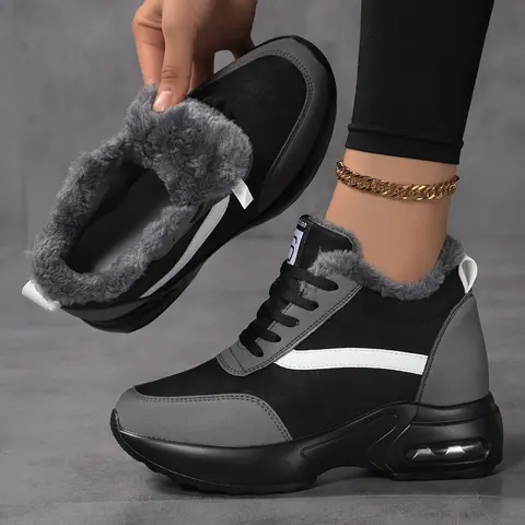 Sosenfer 2026 Fleece-Lined Women's Autumn/Winter Wedge-Heel Lace-Up Casual Sneakers - Height-Increasing, Air-Cushioned, Non-Slip Durable Soles, Colorblock, Arch Support, All Season Streetwear Versatile Shoes - Outside Walking, Party Use