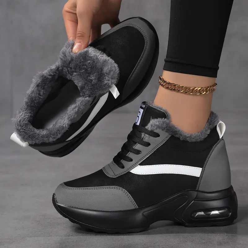 Sosenfer 2026 Fleece-Lined Women's Autumn/Winter Wedge-Heel Lace-Up Casual Sneakers - Height-Increasing, Air-Cushioned, Non-Slip Durable Soles, Colorblock, Arch Support, All Season Streetwear Versatile Shoes - Outside Walking, Party Use