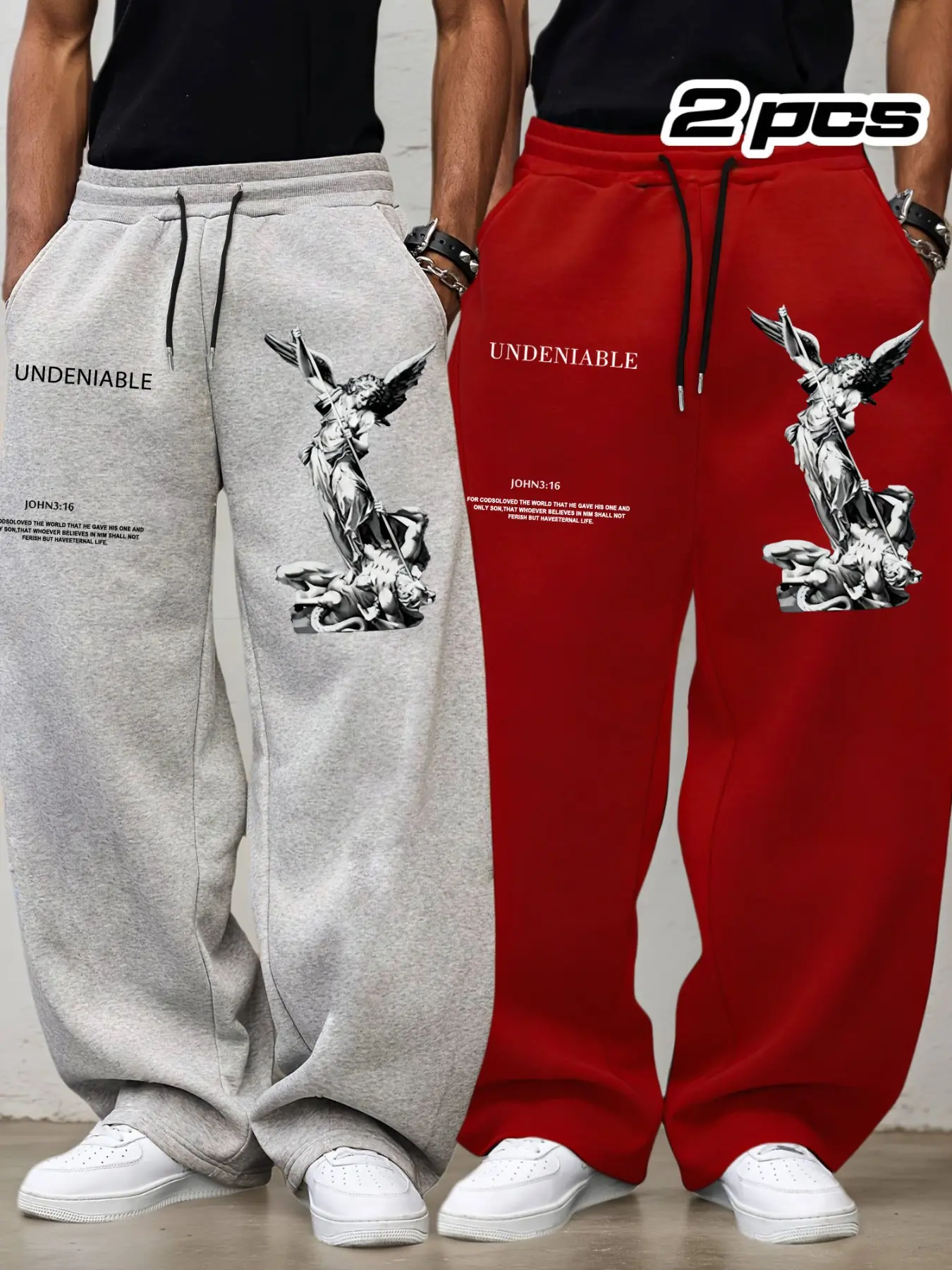 Men's Angel & Demon Print Loose Drawstring Sports Pants, Casual Comfy Letter Print Sweatpants, Adjustable Waist, Outdoor Fitness Long Pants, Casual Athletic Pants, Casual Fall&winter Wear