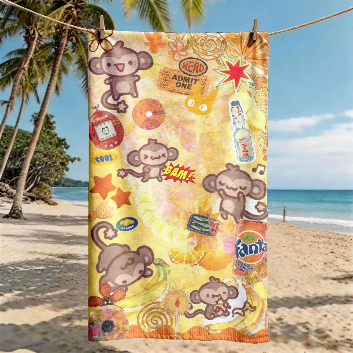 A Retro Y2K Style Cute Monkey & Fanta All-over Printed Beach Towel - Oversized, Skin-friendly, Absorbent and Quick-drying, Perfect for Beach and Pool Leisure, Ideal for Summer Trips - Suitable for Seaside Vacations, Pool Parties and Outdoor Picnics