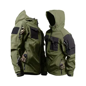 Men's Outdoor Hooded Jacket, Shark Skin Soft Shell, Multi-pocket Workwear, Fleece Lined Motorcycle Jacket, Windproof, Polyester Fiber - Winter/Spring/Autumn Coats Long Menswear Tops Army Green Beige Plain