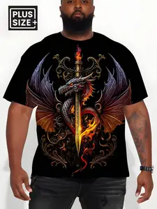 Men's Large Size Casual Streetwear Round Neck Dragon Pattern Short T-Shirt, Breathable Polyester Fabric, Suitable for Outdoor Activities, Spring & Summer