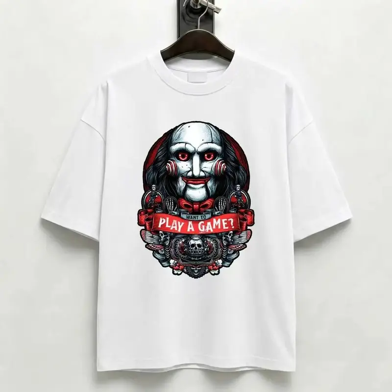 Saw Billy Puppet "Want To Play A Game?" Graphic T-Shirt | Classic Horror Movie Billy The Puppet Tee, Vintage Horror Print Shirt, Halloween Outfit For Horror Fans