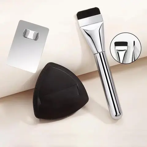 2-Piece Cosmetic Beauty Brush Kit - 2-in-1 Face Brushes with Ultra-Thin Blend Foundation Tool, Professional Flat Powder Accessory & Black Air Cushion Sponge for Flawless Face Makeup Application