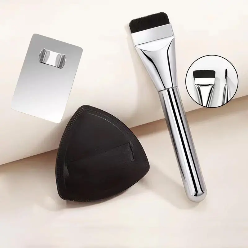 2-Piece Cosmetic Beauty Brush Kit - 2-in-1 Face Brushes with Ultra-Thin Blend Foundation Tool, Professional Flat Powder Accessory & Black Air Cushion Sponge for Flawless Face Makeup Application