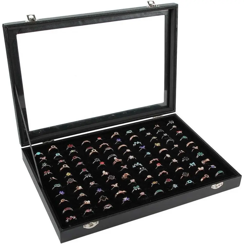 Ring Display Case Organizer Box with Transparent Lid, Ring Holder  For Store Display  Show , Ring Organizer For  Rings, Studs Earrings (100 Slot, Black)