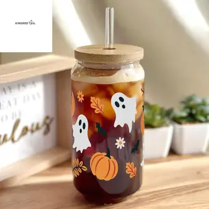 Halloween Ghost Glass Cup,16Oz Iced Coffee Cups with Lids and Straws,Fall Cute Pumpkin Drinking Can Jar, Tumbler, Beer Can Gifts, Halloween Gifts for Women Teen (Pumpkin Ghost)