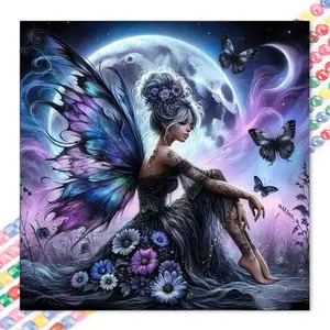 1pcs 5D DIY diamond painting kit, 5D diamond art set, DIY decoration, fairy wings, full moon background, butterfly flowers. Diamond painting kit with full round drills DIY, mosaic, diamond art, DIY home decoration, suitable for Halloween and Christmas.