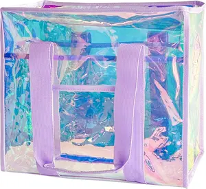Holographic Iridescent Tote Bag Clear Travel Beach Bag and Phone Pouch Transparent PVC Handbag Large Tote