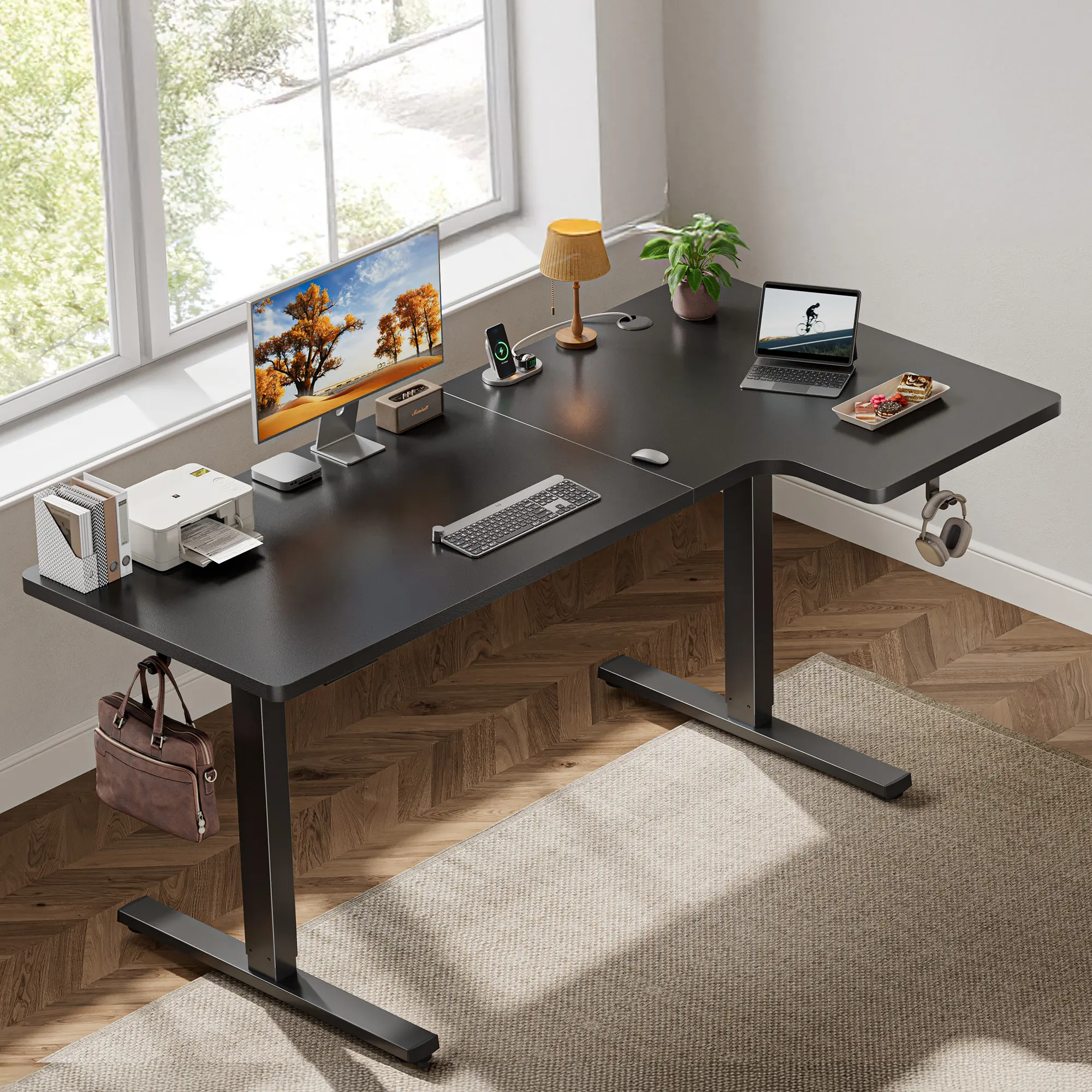 55" L-Shaped Electric Standing Computer Working Desk - Adjustable Height Corner Office Table, Memory Preset, Ergonomic Sit-Stand Furniture for WFH Productivity