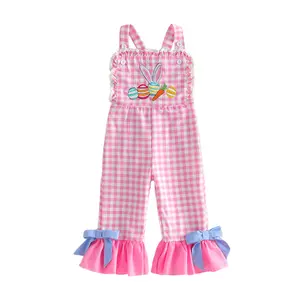 TheFound Toddler Baby Girl Easter Outfit Overalls Bunny Egg Romper Cute Smocked Gingham Bell Bottom Suspender Jumpsuit
