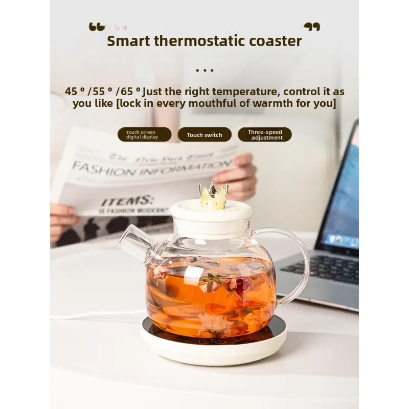 Insulated Electric Glass Tea Kettle with ABS Build, 55-Degree Temperature Select, 3-Speed Adjustment, Touch Screen Display, Smart Thermostatic Coaster, Insulated Cup, Keep Warm Function for Office Use, Kitchen Appliances, Household Appliances