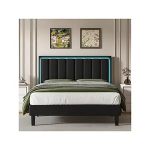 Bed frame with LED lights, modern PU leather upholstery platform bed with adjustable headboard, white/black/Pink, twin/full/queen/King