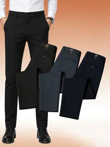 3-Pack Men's Business Casual Pants, Menswear Crown Logo Luxury Style, High Stretch Wrinkle-Resistant No-Iron, Slim Fit Not Tight, Breathable Comfort, Superior Drape, Easy Care, Versatile Fashion, Formal Trouser