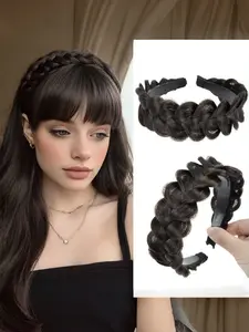 Women's Wide Braided Hairband, Synthetic Material Headband, Non-Slip Teeth Design, Handmade Braided Hair Accessory, Stylish and Comfortable