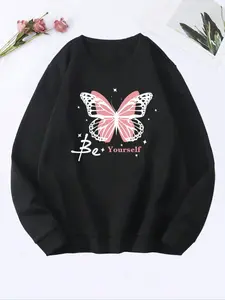 Butterfly Letter Print Fleece Pullover Hoodie Sweatshirts, Loose-Fit Casual Streetwear, Fall & Winter New Arrival, Thick Kint Fabric