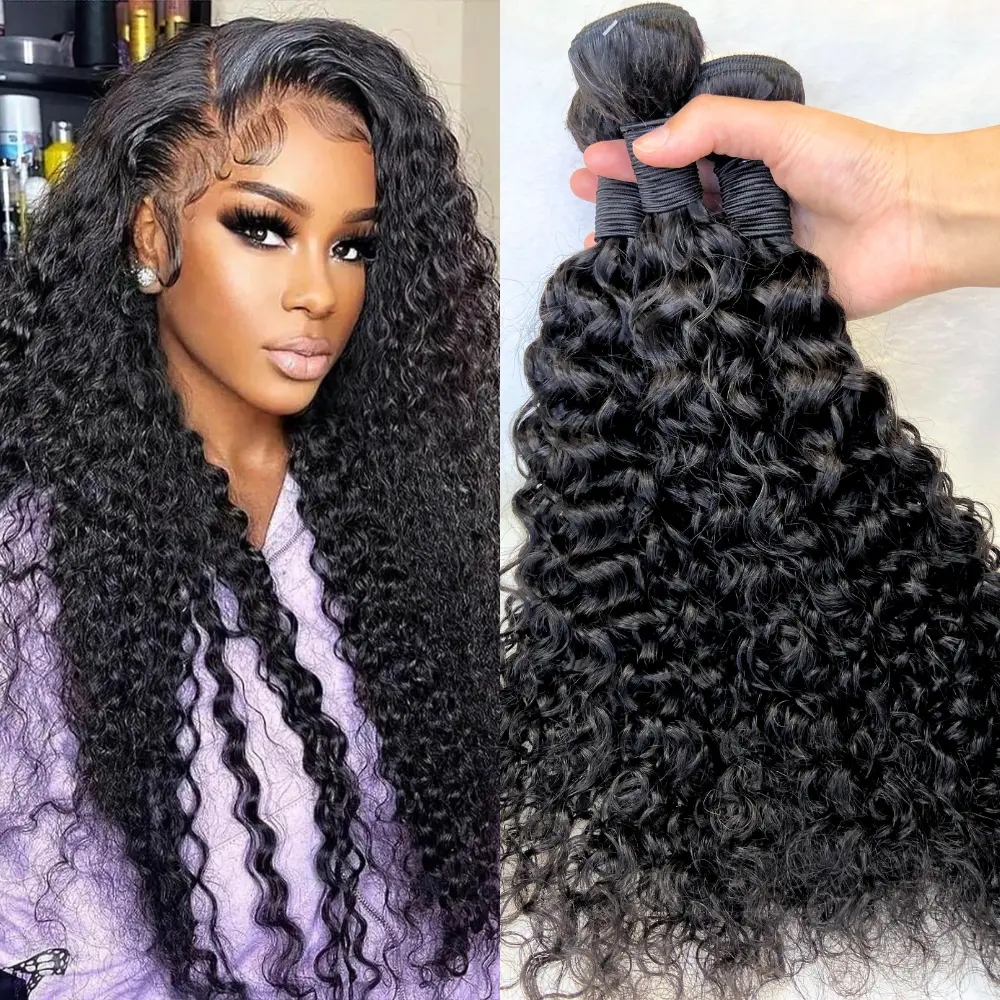 [We Heart Hair] Malaysian 100% Virgin Human Hair Summer Vacation Curly Hair Bundle Wet and Wavy Look Unisex Ponytail Extensions Rich Black Color Tangle-Free Styling Experience