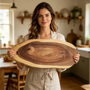 1Pc Natural Solid Acacia Wood Cutting Board, Food Grade Glue-Free & Lacquer-Free, Irregular Live Edge, for Kitchen Chopping/Fruit Platter/Home Decor, Random Delivery, Wooden Cutting Boards
