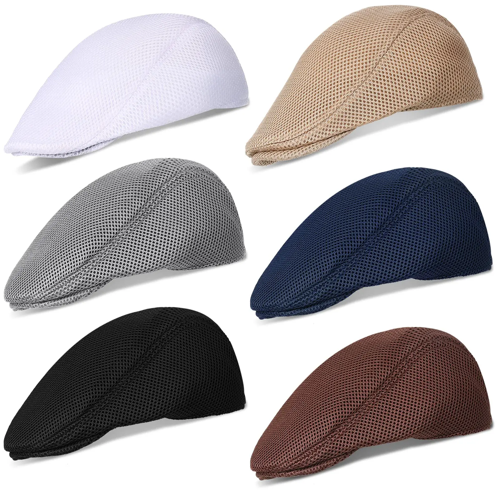 Men's Breathable Mesh Flat Cap - 6-Piece Cabbie Newsboy Hat, Casual Hat for Summer, Breathable Mesh Caps