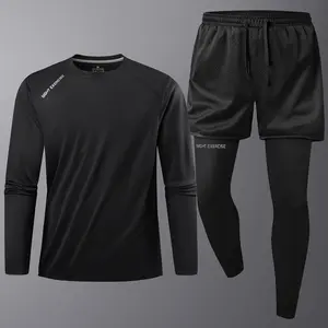 Men's Fitness Sports Suit, Quick-Dry Long Sleeve for Gym and Two-Piece Look Jogger Pants, Running Training Set, Night Exercise