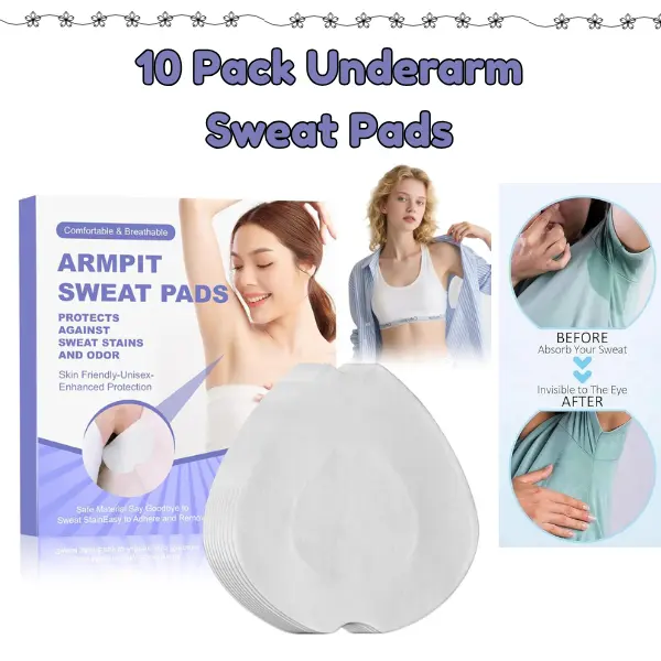 10 Pack Underarm Sweat Pads, Extra Wide Disposable Armpit Sweat Pads, Absorbent Cotton & Waterproof Leak Proof Underarm Guards, Invisible Sweat Pads for Men & Women, Daily Clothing Protection