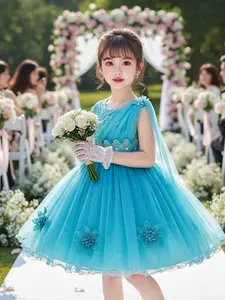 Girl's Floral Embroidery Appliques Beads Decor Sweater Dress, Elegant Square Neck Sleeveless A Line Dress for Party Wedding Guest, Kids Clothes for All Seasons, Floral Pattern Dress