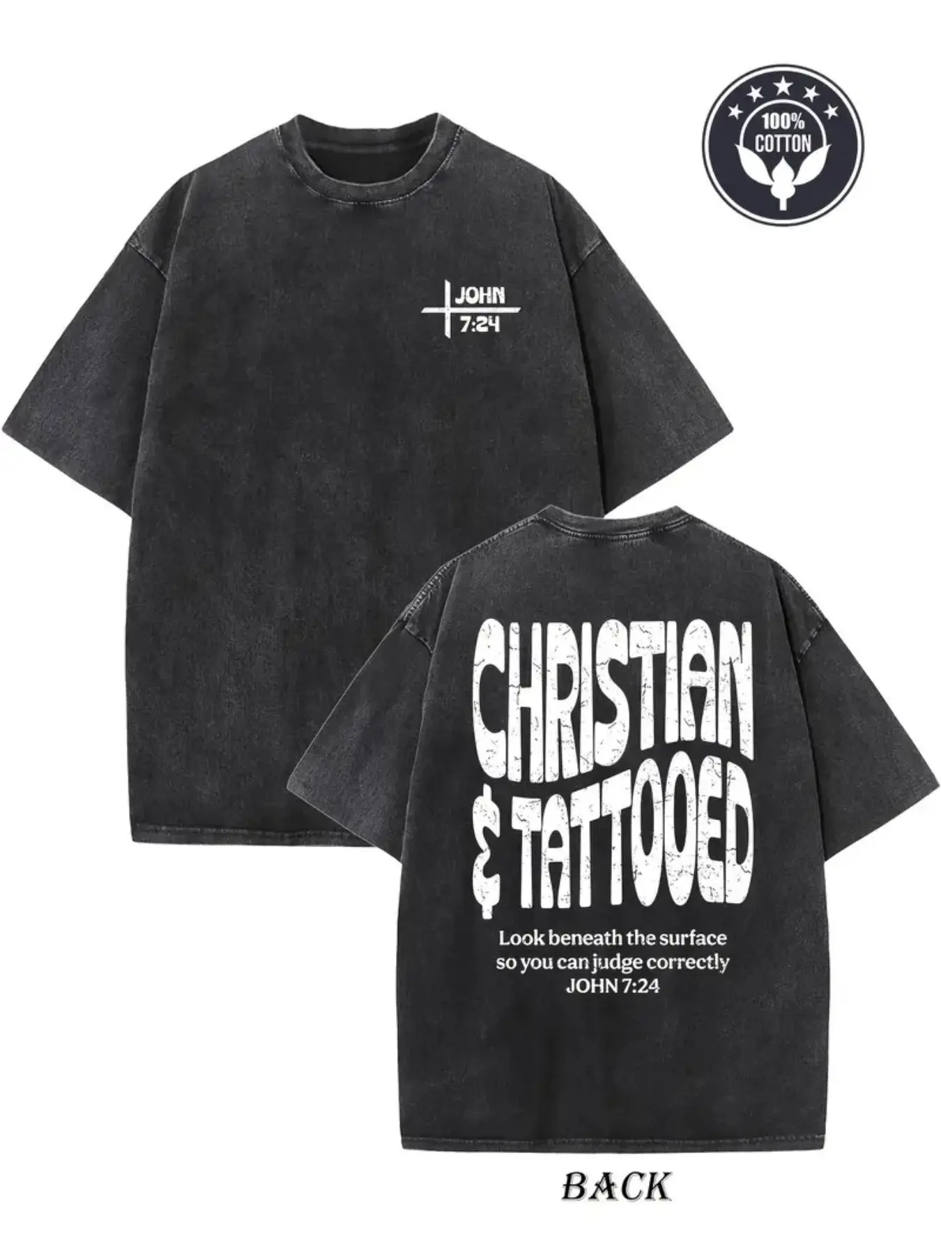 Women's 230g Heavyweight Pure Cotton Short-Sleeve Tops - Loose Round Neck, Back-Print Cross Verse, Easy Care, All-Seasons Machine-Washable Casual Church Wear, Shortsleeve, Casual Everyday Wear