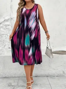 Plus Size Women Colorful Printed Vest Dress, Casual Loose Fit Sleeveless Round Neck, Spring Summer Fashion, Quality Leisure Wear Womenswear