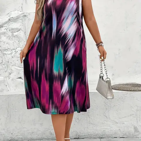 Plus Size Women Colorful Boho Vintage Floral Printed Statement Vest Dress, Casual Loose Fit Sleeveless Round Neck, Spring Summer Fashion Boho Bohemian Style, Quality Leisure Wear Womenswear