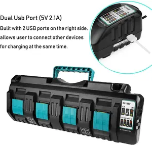 Battery Charger for Makita 18v Battery, 4-Port Charger Station DC18SF with 2 USB-A Ports, Simultaneous Rapid Charging for 4 Makita 14.4V 18V Lithium Batteries