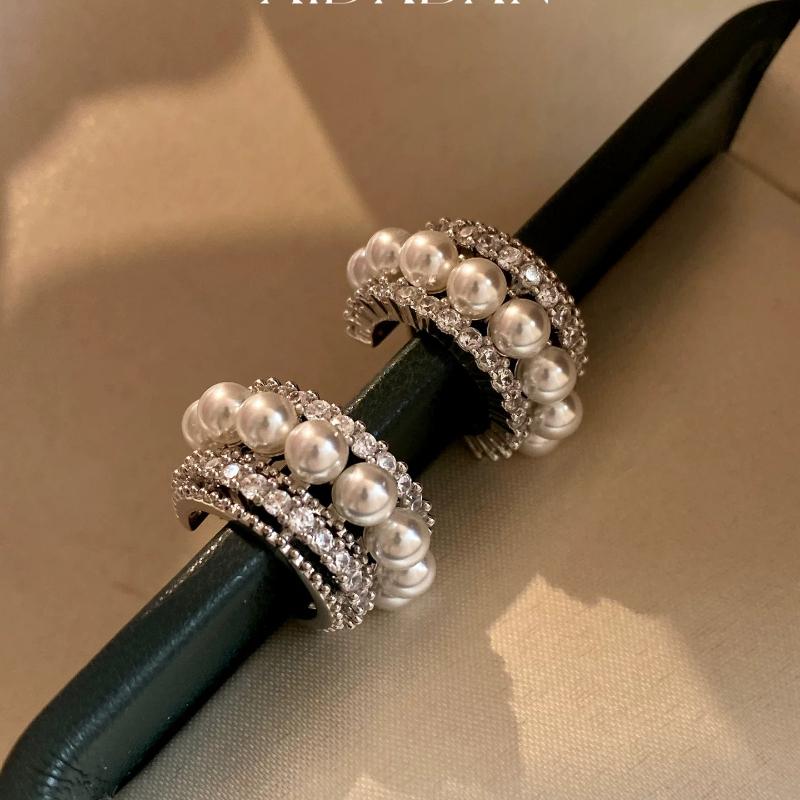 French Style Layered C-Shaped Pearl Zircon Earrings shell pearl