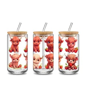 Kawaii Strawberry Highland Cow 16oz Glass Tumbler with Bamboo Lid and Straw, Can Shaped Iced Coffee Cup, Reusable Drinking Glassware for Home Office, Trendy Gift for Mom Women Girls on Birthday Christmas, Drinkware