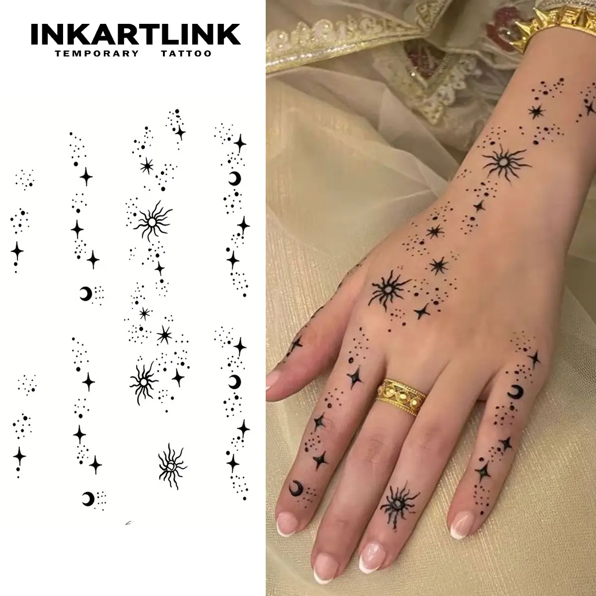 INKARTLINK 2 Piece Semi-Permanent Fake Tattoo Set, Waterproof Sun and Star Art Stickers for Parties, Long-Lasting, Fake Tattoo Waterproof, Ephemeral Tattoos, Body Fake Tattoos
