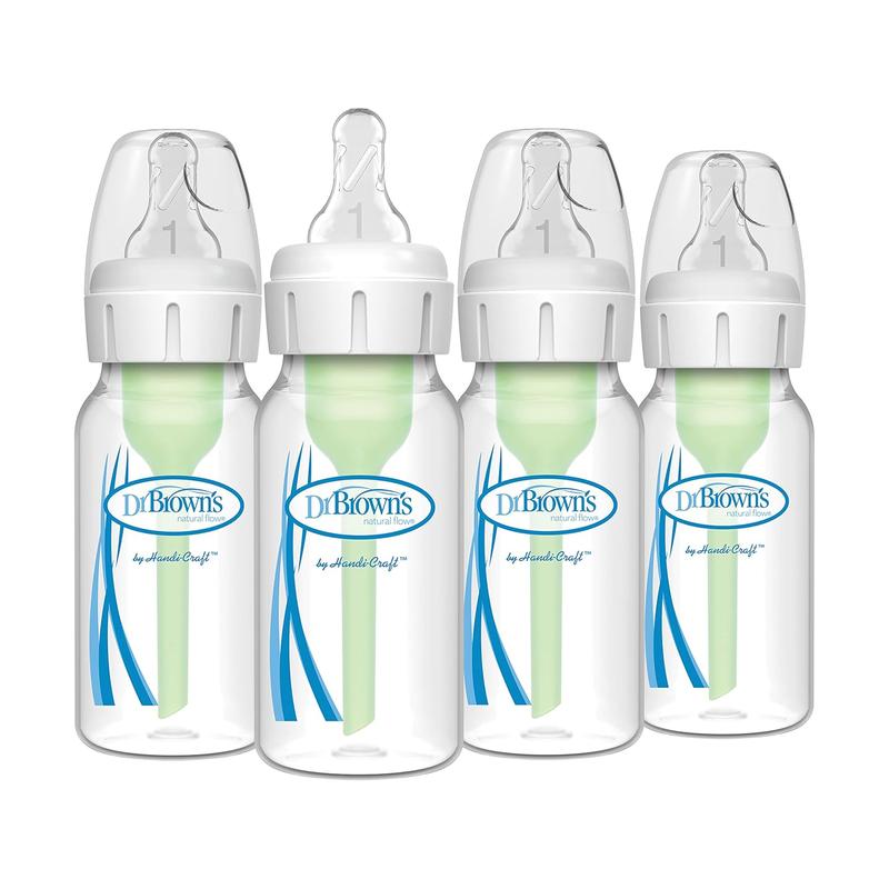 Natural Flow Anti-Colic Options+ Narrow Baby Bottle, 4 oz/120 mL, with Level 1 Slow Flow Nipple, 0m+, 4 Pack
