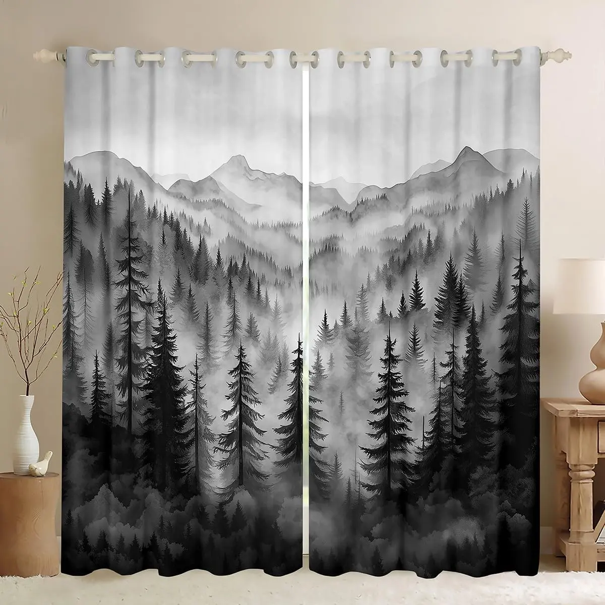 Grey Forest Curtains Drapes,Rustic Woodland Pine Tree 50% Blackout Curtains Men,Jungle Smoky Mountain Window Curtains Retro Natural Landscape Curtains 2 Panels