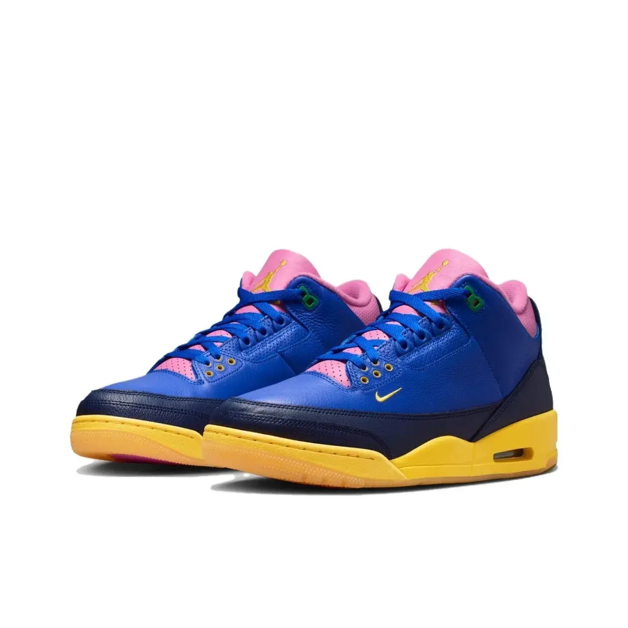 Racer Blue Leather Mid-Top Sneakers with Pink, Yellow, Green Color Blocking and Yellow Elephant Print