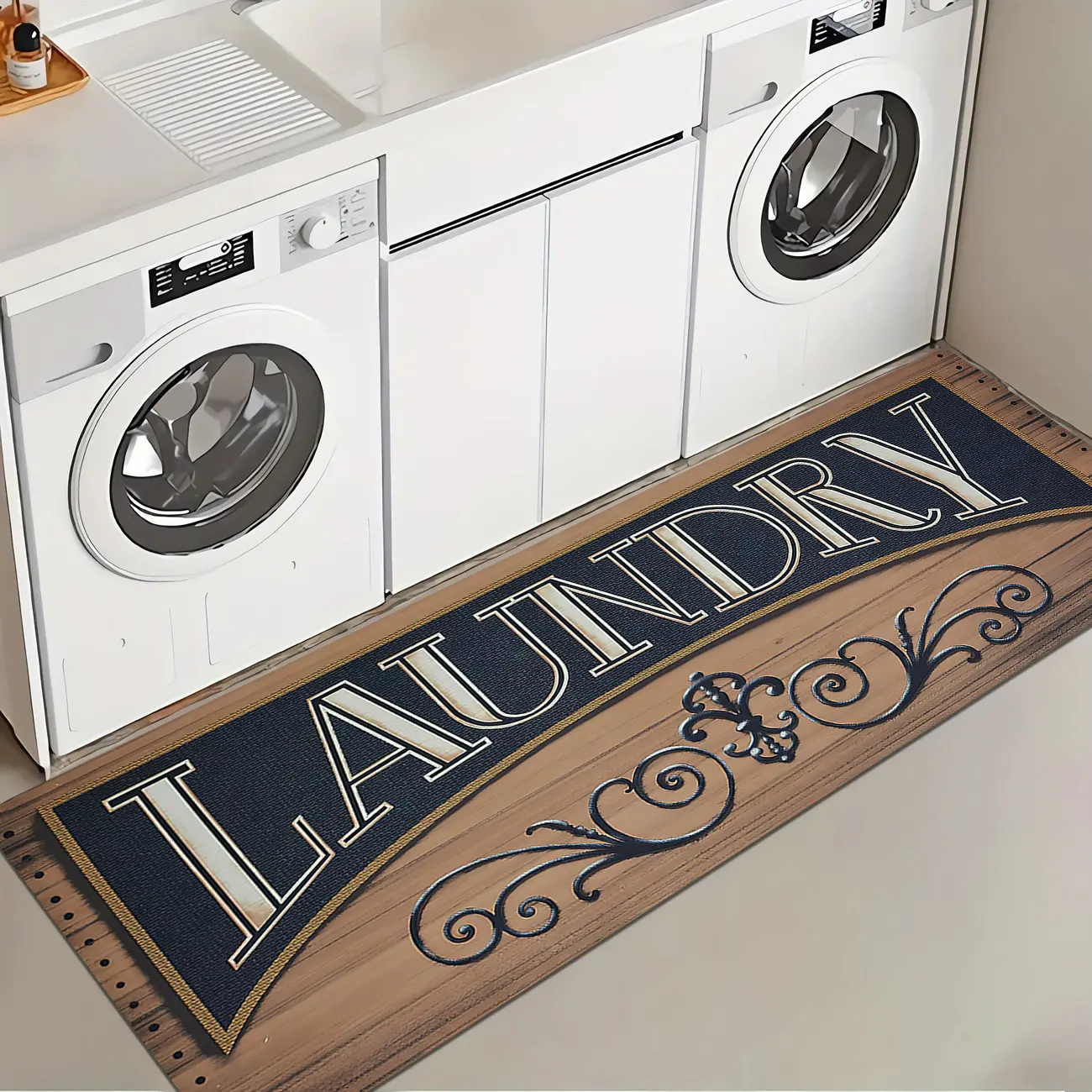 1 Pc Brown Vintage Laundry Room Rug Soft And Comfortable Long Strip Carpet Printed Decorative Mat Anti Slip Floor Mat Suitable For Home Kitchen Living Room Bedroom Sink Laundry Room Laundry Area Decoration Carpet Mat