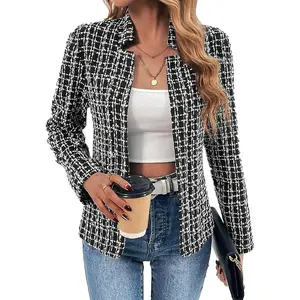 2026 Winter Women's Tweed Blazer Jacket - Warm Fully Lined Open Front Fashion Stand Collar Casual Fashion Work Coat