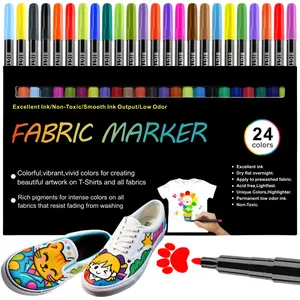 24 Colors Fabric Markers Permanent For Clothes,Waterproof & Machine Washable, No Bleed Pens for T-Shirt, Canvas Shoes, Bags, Pillowcase, Fine Tip Clothing Markers for Laundry Marker, Art Marker Pen