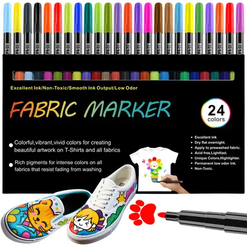 24 Colors Fabric Markers Permanent For Clothes,Waterproof & Machine Washable, No Bleed Pens for T-Shirt, Canvas Shoes, Bags, Pillowcase, Fine Tip Clothing Markers for Laundry Marker, Craft Supplies