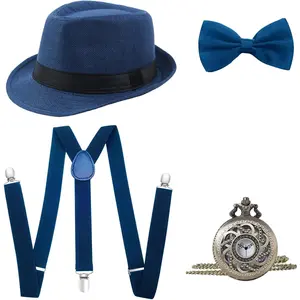 1920s Mens Gatsby Gangster Accessories Set Panama Hat Suspender Bow Tie