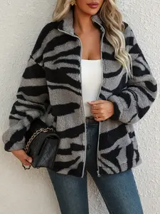 Women's Fall Winter Casual Fashion Ethnic Print Colorblock Plush Zipper Adjustable Drawstring Jacket, Long Sleeve Loose Fit Outerwear Coats