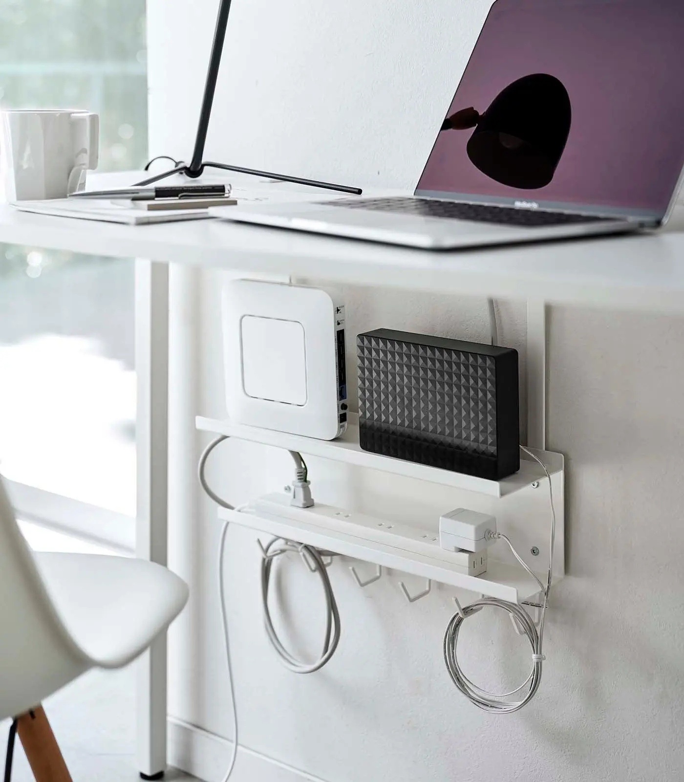 Steel Under-Desk Cable & Router Storage Rack - Cord Organizer with Built-In Charging & Storage, Tech Organizer for Desk Tidy, Wire Management Solution, Cord Organizer For Desk