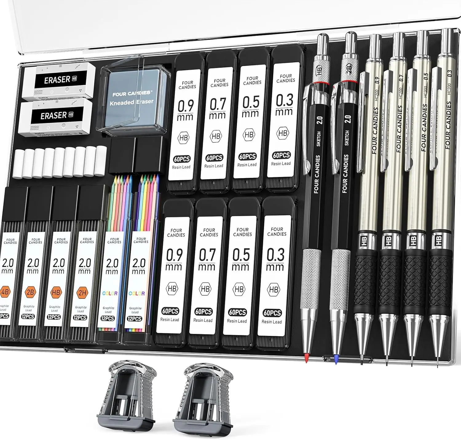 【Buy 1 Get Gift】Four Candies 25PCS Art Mechanical Pencil Set with Case, 3PCS Metal Artist Lead Drafting Pencils 0.5, 0.7, 0.9 mm & 3PCS 2mm Holder (HB 2H 2B 4B Color) with 432PCS Graphite Lead Refills for Drawing Sketching Office School Supplies