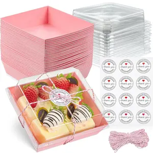 50 Pack Small Clear Treat Boxes Dessert Boxes To Go - 5Inch Disposable Paper Mini Containers for Cookie, Cake Slice, Charcuterie, Bakery, Pastry, Strawberry, Baked Goods Packaging